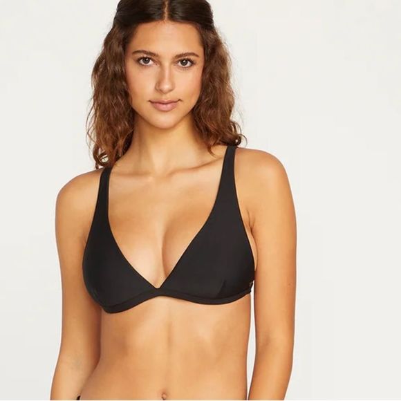 NWT- Volcom SIMPLY SEAMLESS HALTER BIKINI TOP - BLACK- Size large - Picture 1 of 12